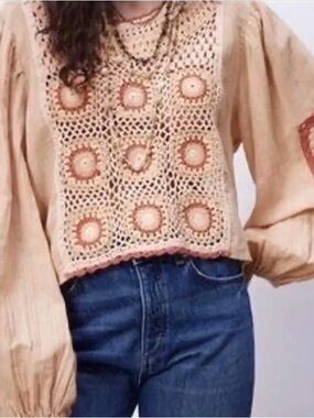 Zara Crochet Panel Balloon-Sleeve Top - Cream with Rust Details